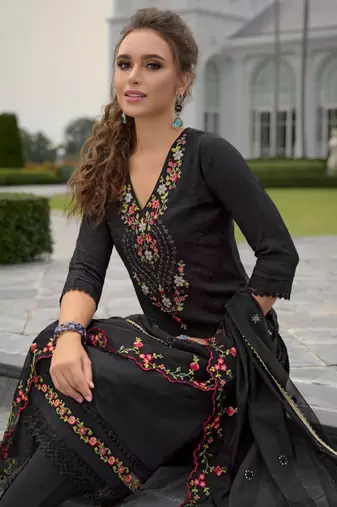 Floral Embroidered Thread Work Straight Kurta With Dhoti Pants & Dupatta