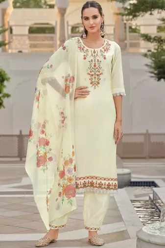 Floral Embroidered Key Hole Neck Kurta With Salwar & Dupatta