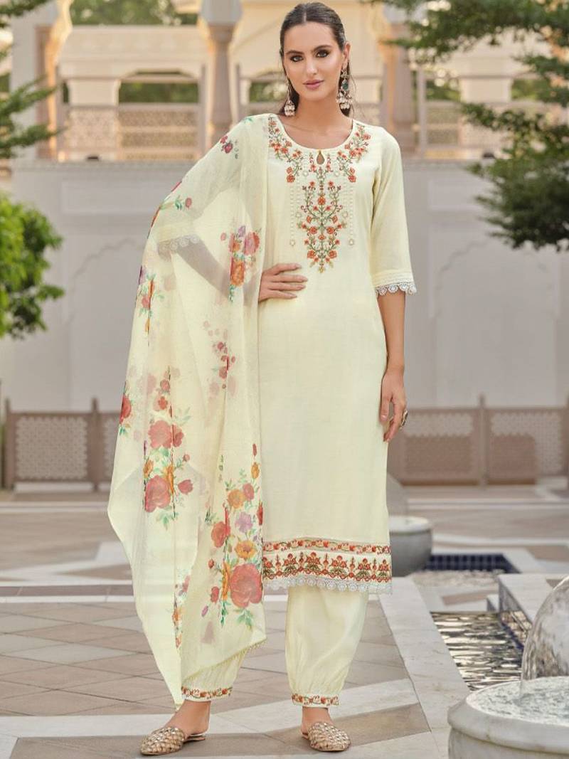 Floral Embroidered Key Hole Neck Kurta With Salwar & Dupatta