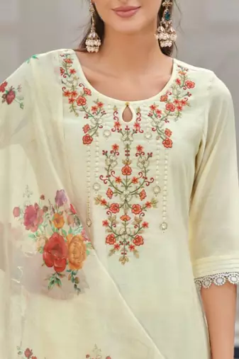 Floral Embroidered Key Hole Neck Kurta With Salwar & Dupatta