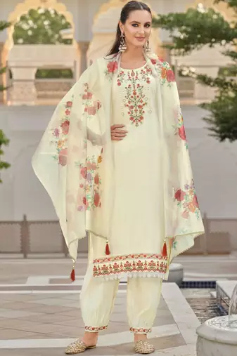 Floral Embroidered Key Hole Neck Kurta With Salwar & Dupatta