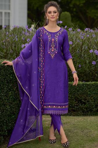 Floral Embroidered Round Neck Straight Kurta With Dhoti & Dupatta