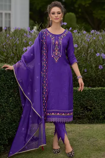 Floral Embroidered Round Neck Straight Kurta With Dhoti & Dupatta