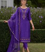Floral Embroidered Round Neck Straight Kurta With Dhoti & Dupatta