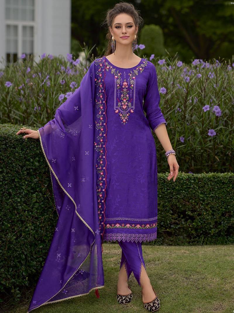 Floral Embroidered Round Neck Straight Kurta With Dhoti & Dupatta