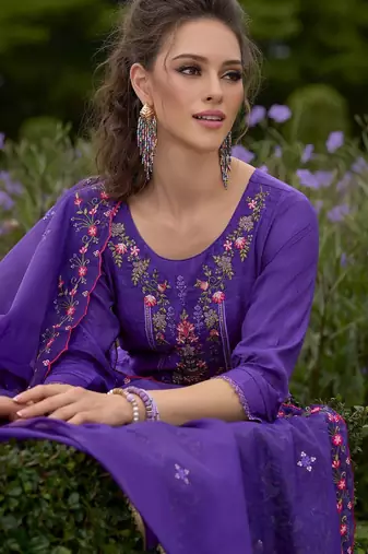 Floral Embroidered Round Neck Straight Kurta With Dhoti & Dupatta