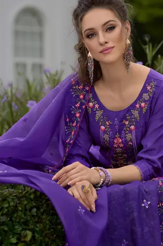 Floral Embroidered Round Neck Straight Kurta With Dhoti & Dupatta