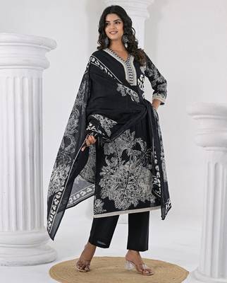 Women Floral Printed Regular Thread Work Pure Cotton Kurta with Trousers & With Dupatta 1