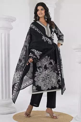 Women Floral Printed Regular Thread Work Pure Cotton Kurta with Trousers & With Dupatta