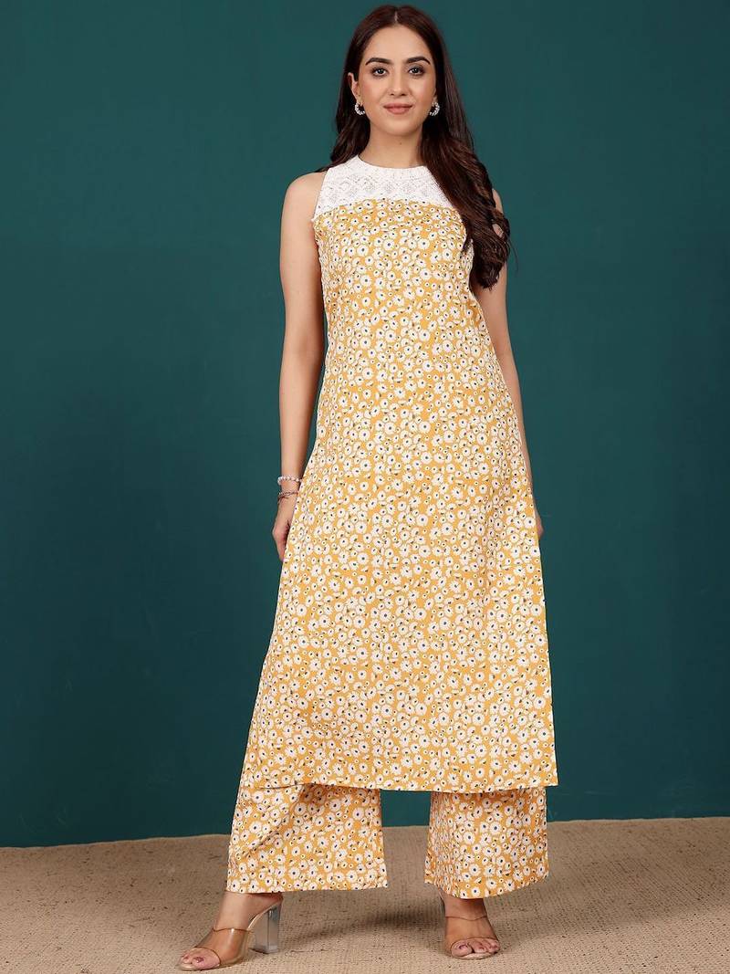 Women Floral Printed Regular Thread Work Kurta with Palazzos