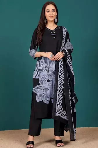 Women Ethnic Motifs Printed Regular Thread Work Kurta with Trousers & With Dupatta