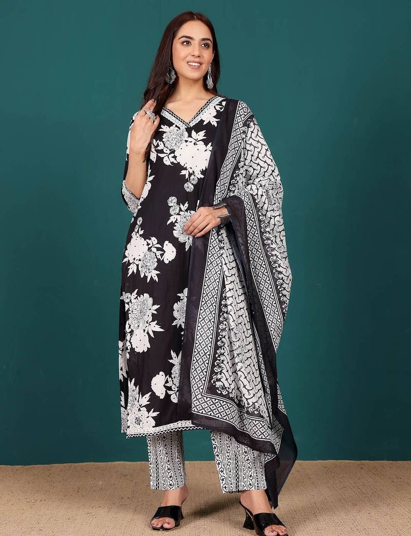 Women Ethnic Motifs Printed Regular Pure Cotton Kurta with Trousers & With Dupatta