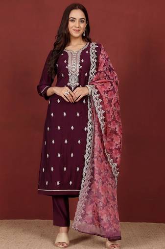 Ethnic Motifs Embroidered Notch Neck Zari Straight Kurta With Trousers & Dupatta