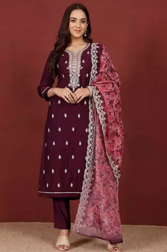 Ethnic Motifs Embroidered Notch Neck Zari Straight Kurta With Trousers & Dupatta