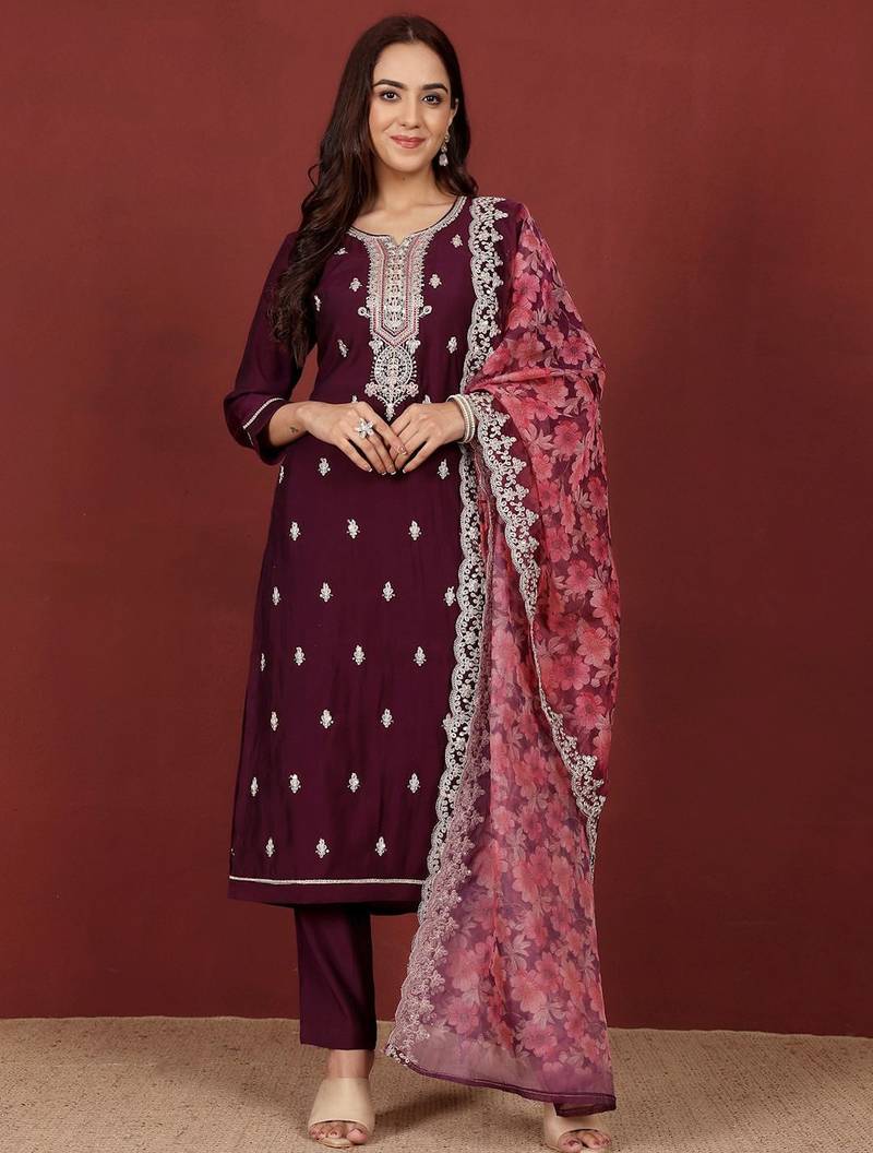 Ethnic Motifs Embroidered Notch Neck Zari Straight Kurta With Trousers & Dupatta
