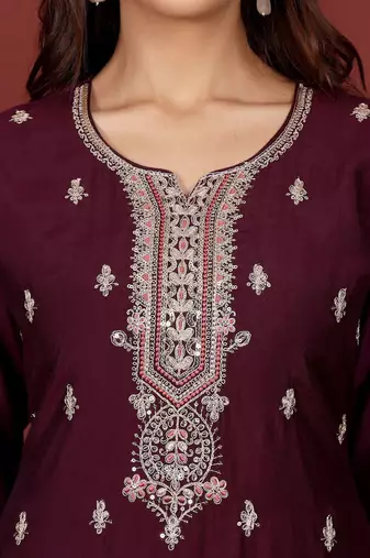 Ethnic Motifs Embroidered Notch Neck Zari Straight Kurta With Trousers & Dupatta