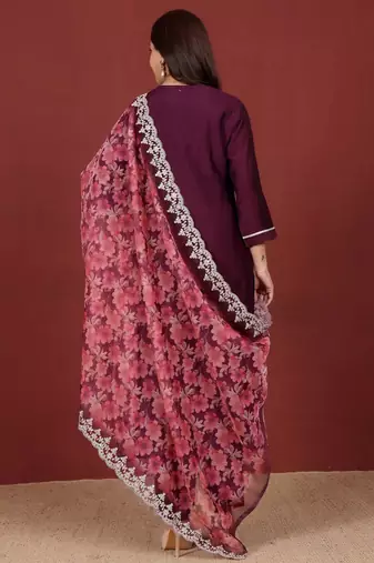 Ethnic Motifs Embroidered Notch Neck Zari Straight Kurta With Trousers & Dupatta
