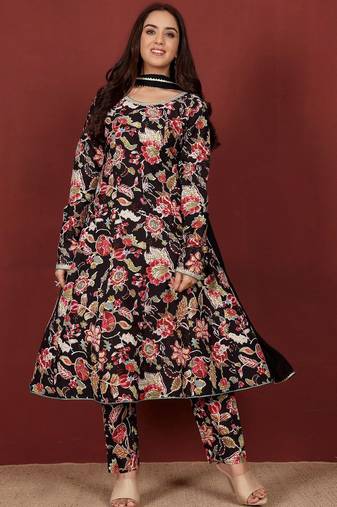 Floral Printed Thread Work Pure Cotton Kurta With Trousers & Dupatta