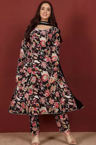 Floral Printed Thread Work Pure Cotton Kurta With Trousers & Dupatta
