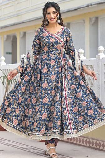Women Floral Printed Angrakha Sequinned Kurta with Trousers & With Dupatta