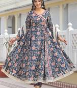 Women Floral Printed Angrakha Sequinned Kurta with Trousers & With Dupatta