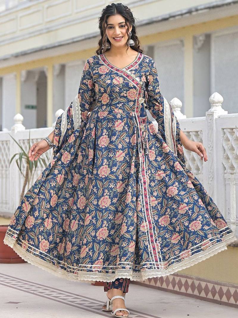 Women Floral Printed Angrakha Sequinned Kurta with Trousers & With Dupatta