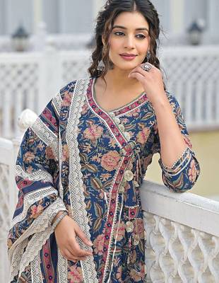 Women Floral Printed Angrakha Sequinned Kurta with Trousers & With Dupatta 2