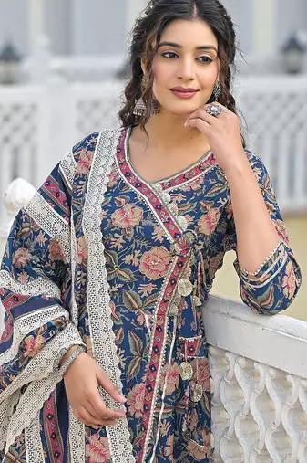 Women Floral Printed Angrakha Sequinned Kurta with Trousers & With Dupatta