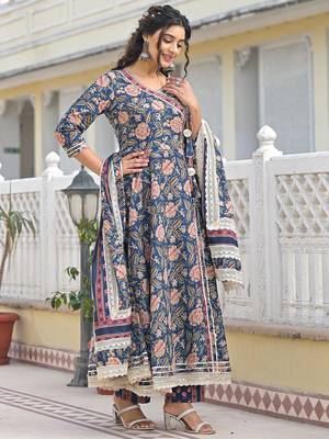 Women Floral Printed Angrakha Sequinned Kurta with Trousers & With Dupatta 3