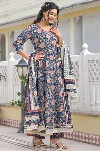 Women Floral Printed Angrakha Sequinned Kurta with Trousers & With Dupatta