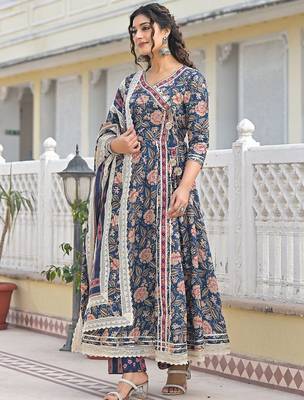 Women Floral Printed Angrakha Sequinned Kurta with Trousers & With Dupatta 4