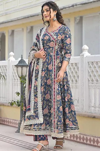 Women Floral Printed Angrakha Sequinned Kurta with Trousers & With Dupatta