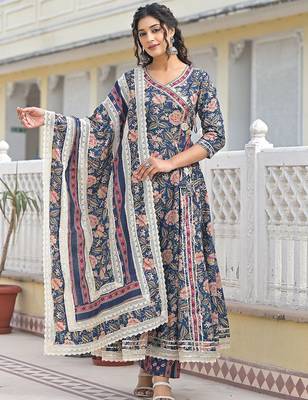 Women Floral Printed Angrakha Sequinned Kurta with Trousers & With Dupatta 5