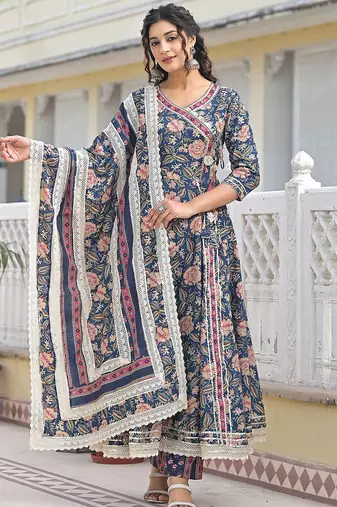 Women Floral Printed Angrakha Sequinned Kurta with Trousers & With Dupatta