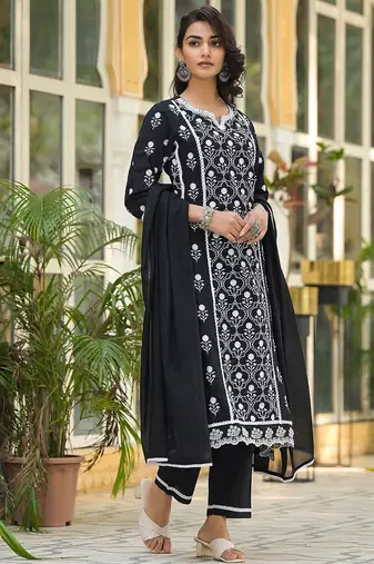 Floral Embroidered Notch Neck Pure Cotton Kurta With Trousers & Dupatta