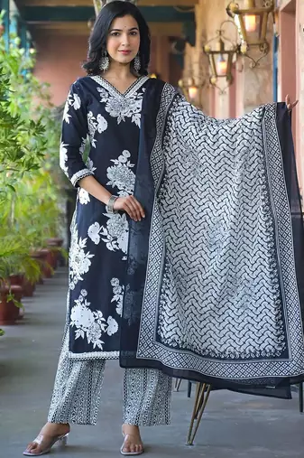 Floral Printed V-Neck Pure Cotton Kurta with Trousers & Dupatta