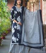 Floral Printed V-Neck Pure Cotton Kurta with Trousers & Dupatta