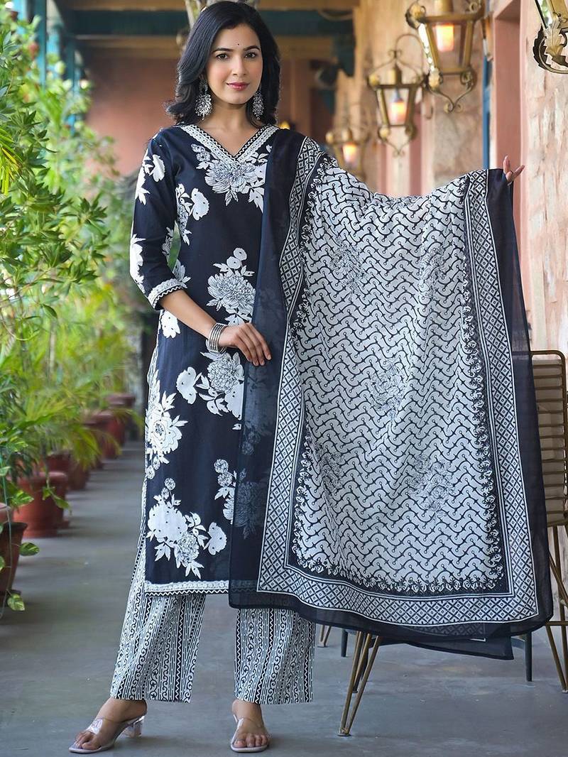 Floral Printed V-Neck Pure Cotton Kurta with Trousers & Dupatta