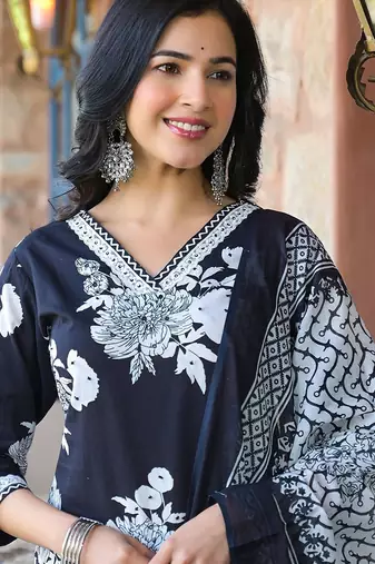 Floral Printed V-Neck Pure Cotton Kurta with Trousers & Dupatta