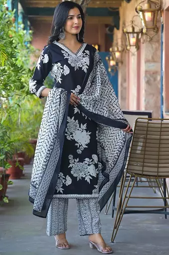 Floral Printed V-Neck Pure Cotton Kurta with Trousers & Dupatta