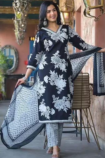 Floral Printed V-Neck Pure Cotton Kurta with Trousers & Dupatta