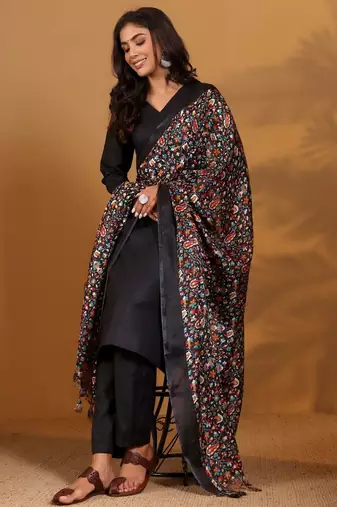 V-Neck Straight Kurta With Trousers And Dupatta