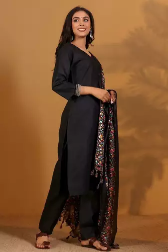V-Neck Straight Kurta With Trousers And Dupatta
