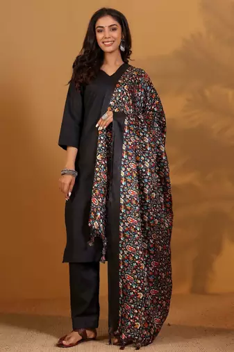V-Neck Straight Kurta With Trousers And Dupatta