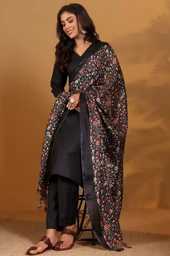 V-Neck Straight Kurta With Trousers And Dupatta