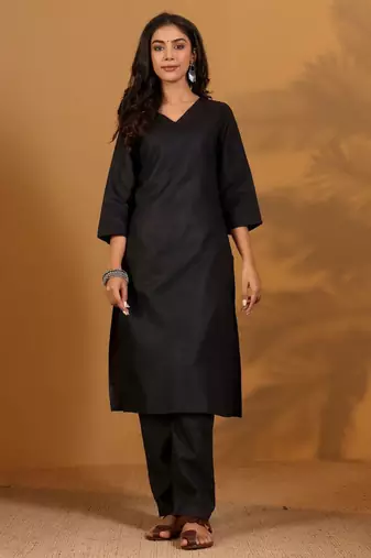 V-Neck Straight Kurta With Trousers And Dupatta