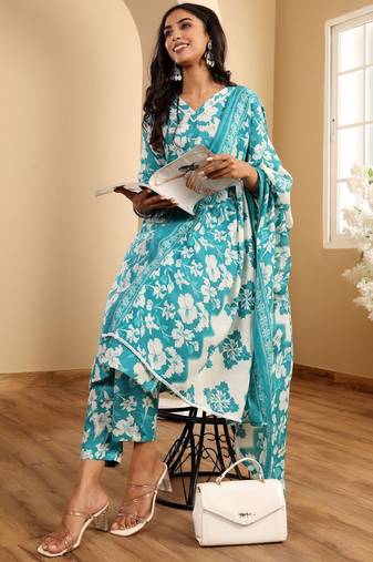 Floral Printed V-Neck Straight Kurta With Trousers And Dupatta