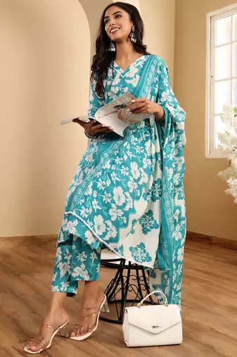 Floral Printed V-Neck Straight Kurta With Trousers And Dupatta