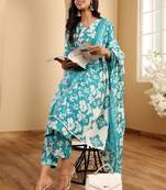 Floral Printed V-Neck Straight Kurta With Trousers And Dupatta