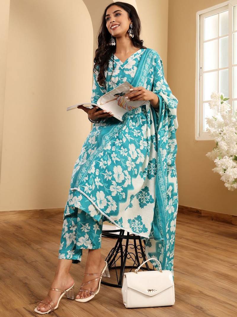 Floral Printed V-Neck Straight Kurta With Trousers And Dupatta